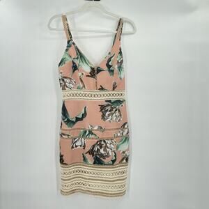 PatBO Tropical Print Lace Trim Mini Day Dress Pink Size 4